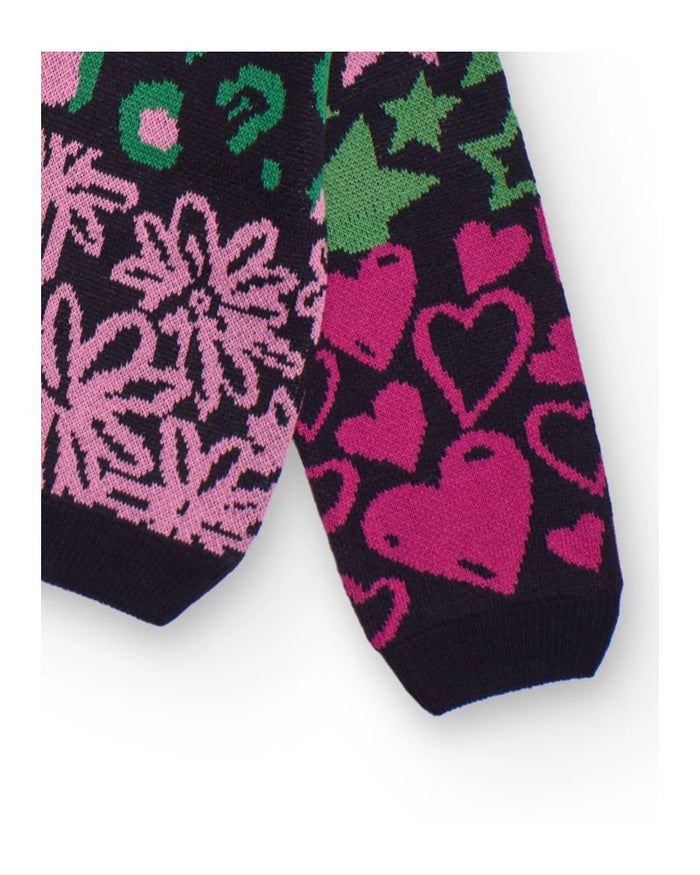 Multicolor knit sweater for girls with hearts, stars and flowers