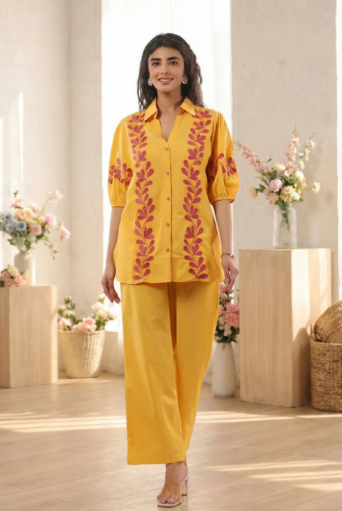 Mustard Yellow Ethnic Embroidered Cotton Co-ord Set with Half Puff Sleeves