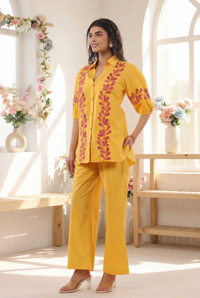 Mustard Yellow Ethnic Embroidered Cotton Co-ord Set with Half Puff Sleeves