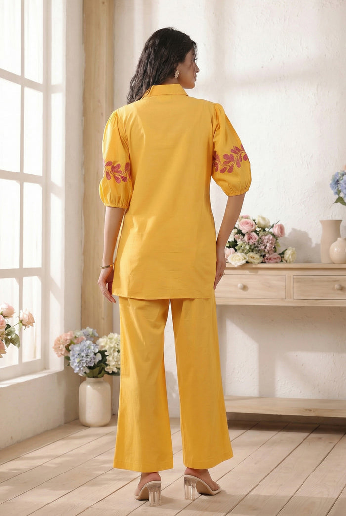 Mustard Yellow Ethnic Embroidered Cotton Co-ord Set with Half Puff Sleeves