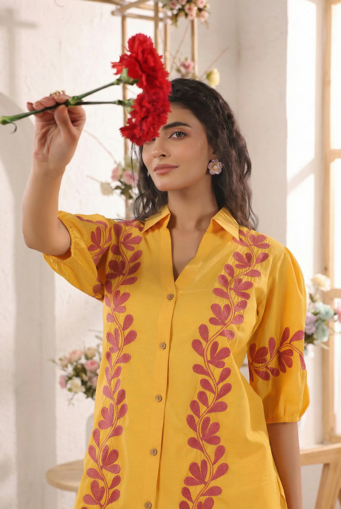 Mustard Yellow Ethnic Embroidered Cotton Co-ord Set with Half Puff Sleeves