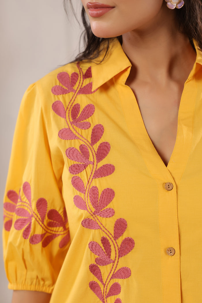 Mustard Yellow Ethnic Embroidered Cotton Co-ord Set with Half Puff Sleeves