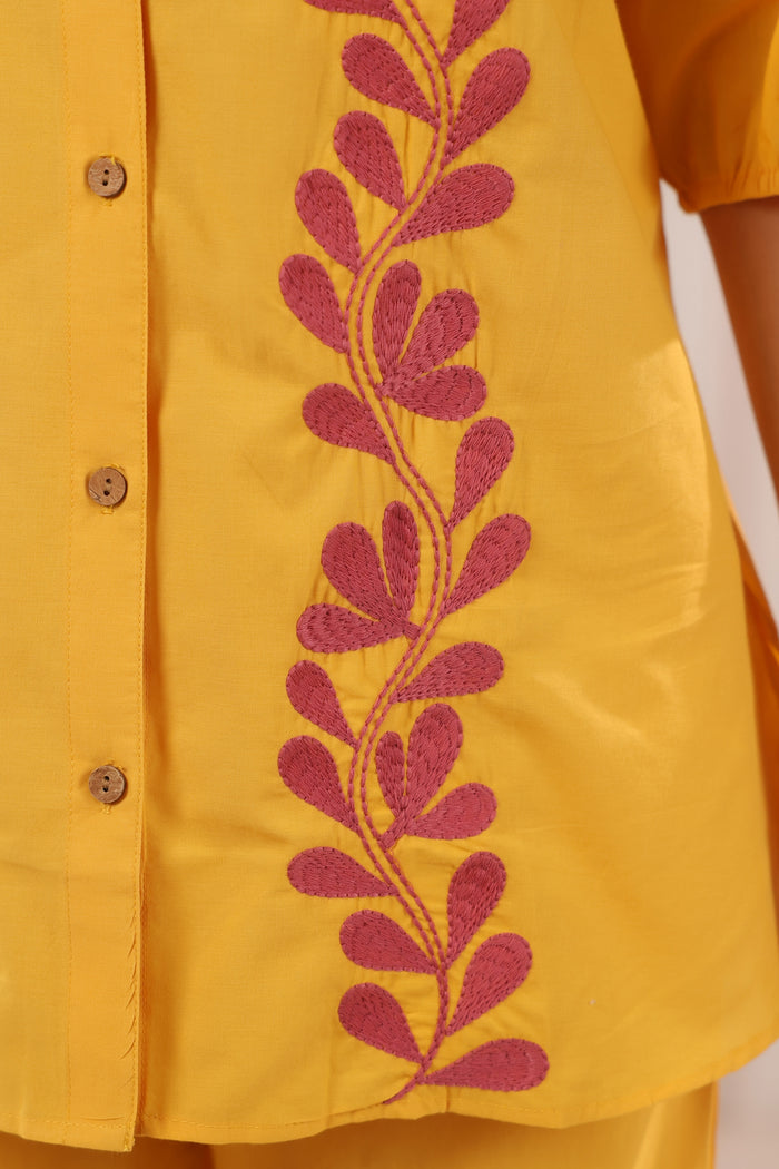 Mustard Yellow Ethnic Embroidered Cotton Co-ord Set with Half Puff Sleeves