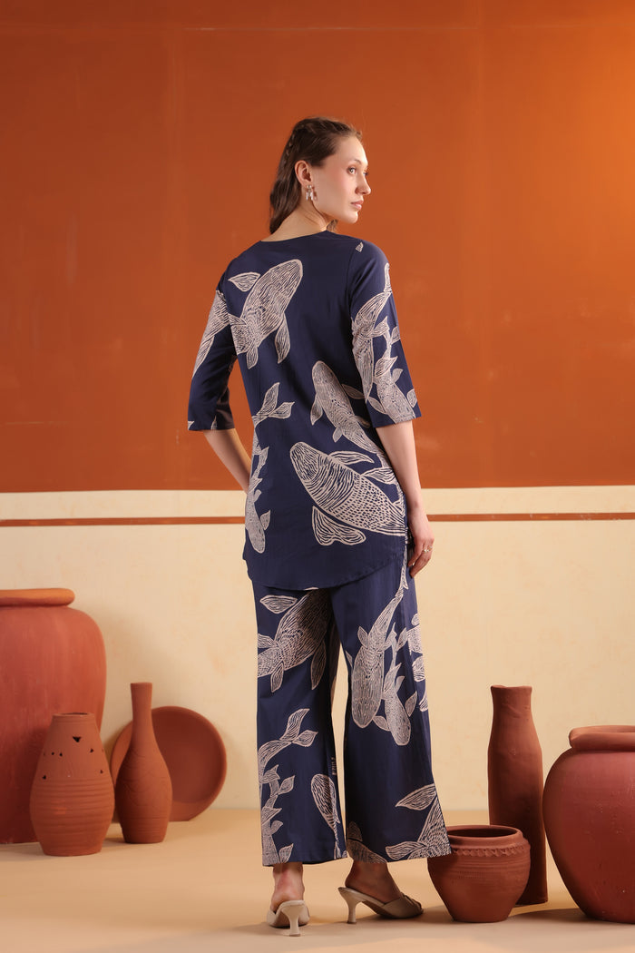 Navy Blue Abstract Fish Printed Tunic with Wide-Leg Pants Cotton Co-ord Set