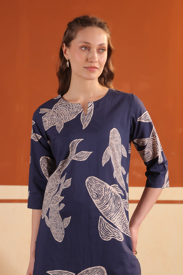 Navy Blue Abstract Fish Printed Tunic with Wide-Leg Pants Cotton Co-ord Set