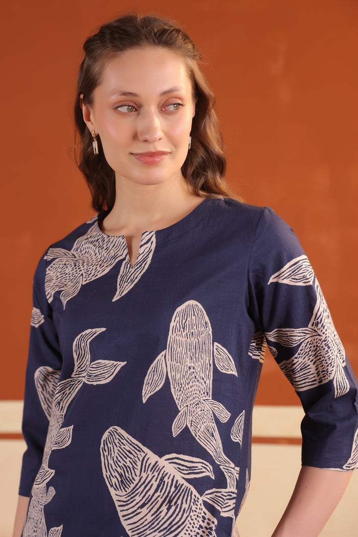 Navy Blue Abstract Fish Printed Tunic with Wide-Leg Pants Cotton Co-ord Set