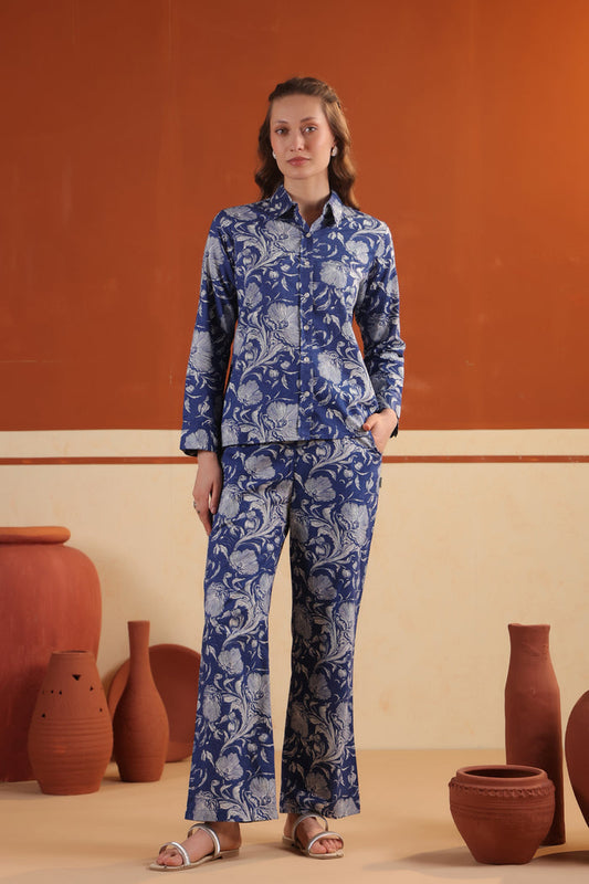 Navy Blue Garden Floral Printed Relaxed Fit Shirt & Pant Cotton Co-ord Set