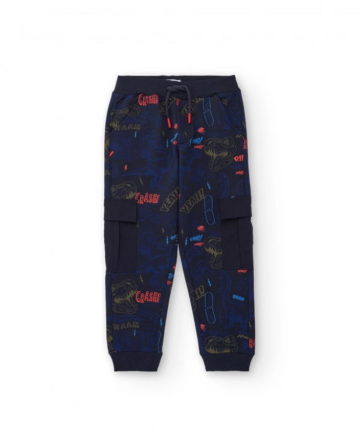 Navy blue jogger pants with dinosaur print and cargo pockets
