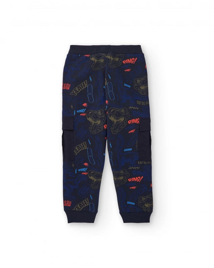Navy blue jogger pants with dinosaur print and cargo pockets
