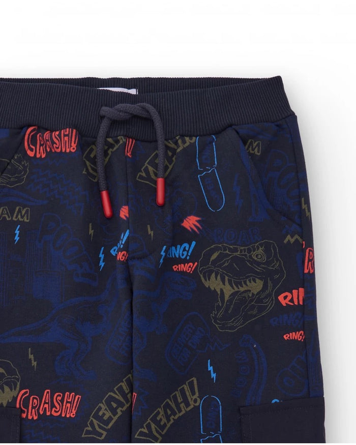 Navy blue jogger pants with dinosaur print and cargo pockets