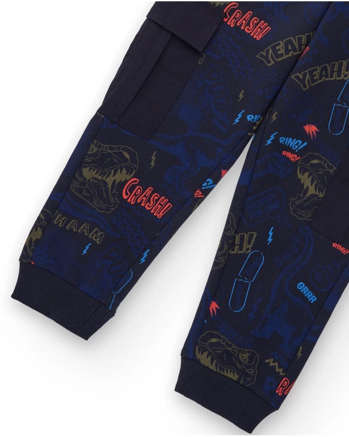 Navy blue jogger pants with dinosaur print and cargo pockets