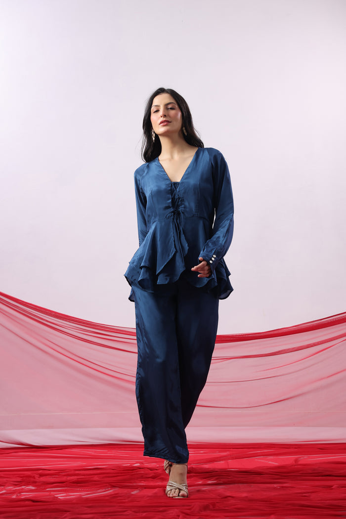 Navy Blue Solid Lace-Up Front Co-Ord Set
