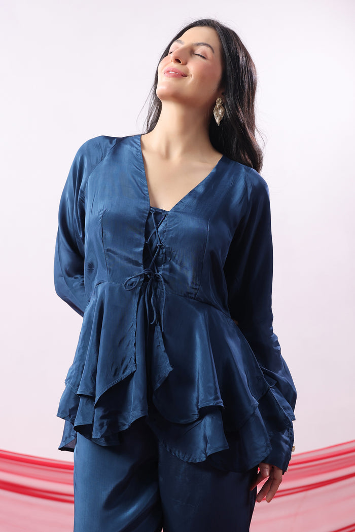 Navy Blue Solid Lace-Up Front Co-Ord Set