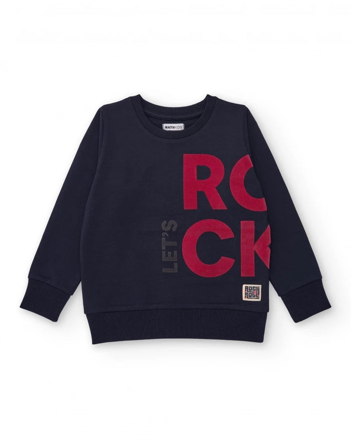 Navy blue sweatshirt with contrasting "LET'S ROCK" print