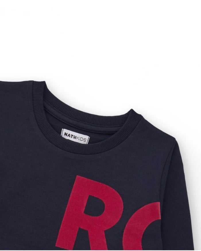 Navy blue sweatshirt with contrasting "LET'S ROCK" print