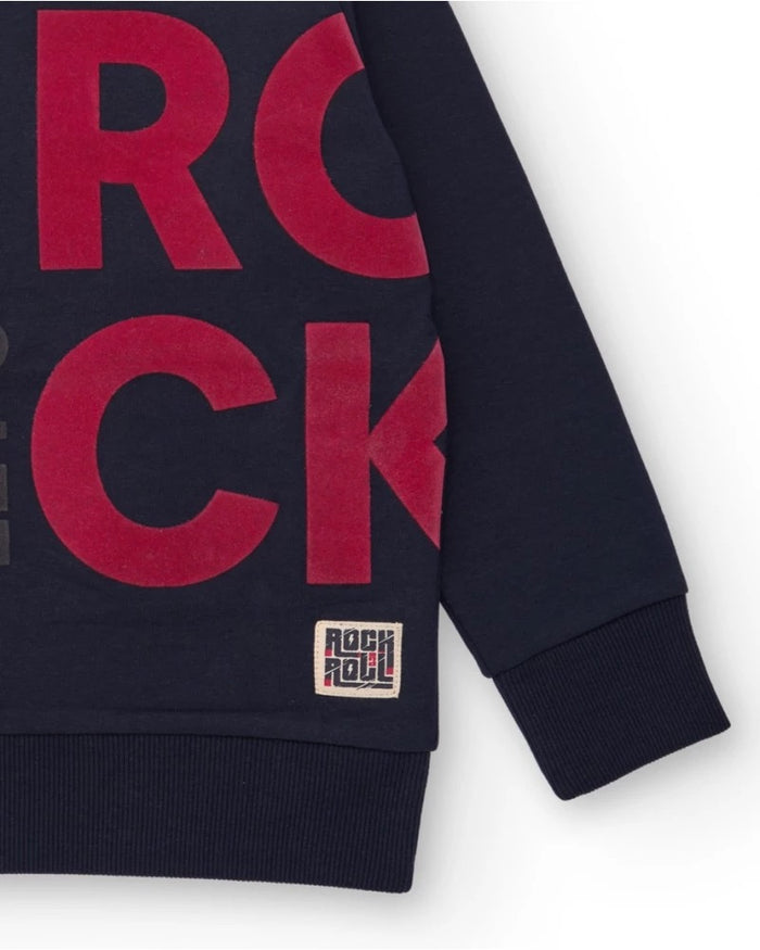 Navy blue sweatshirt with contrasting "LET'S ROCK" print