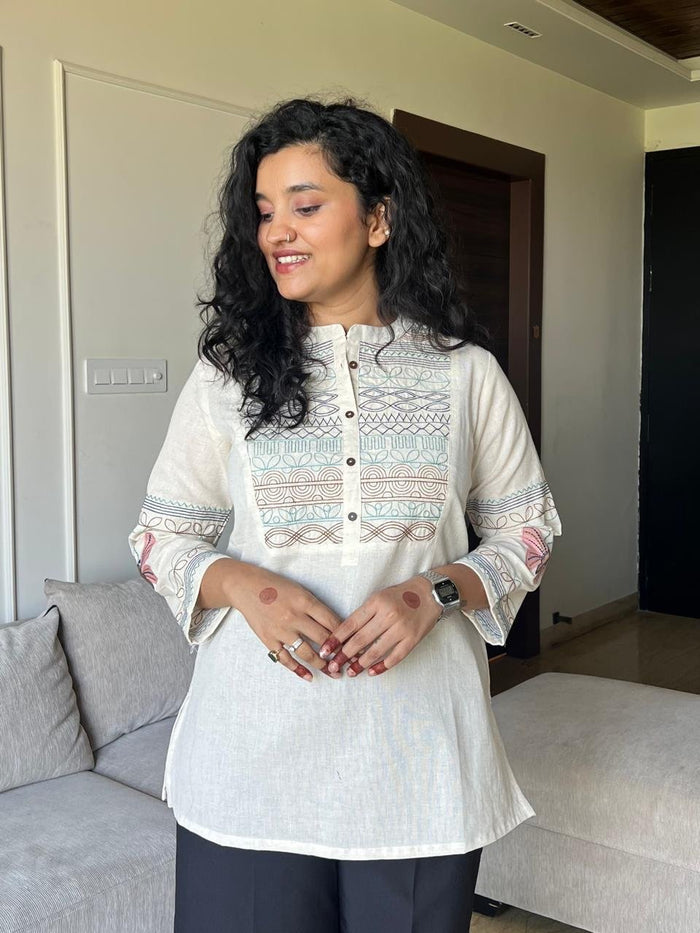 Netra Embroidered Closed Neck Top- Off White