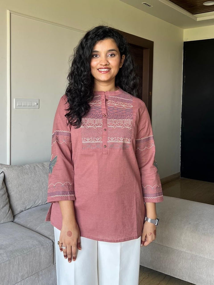 Netra Embroidered Closed Neck Top- Pink
