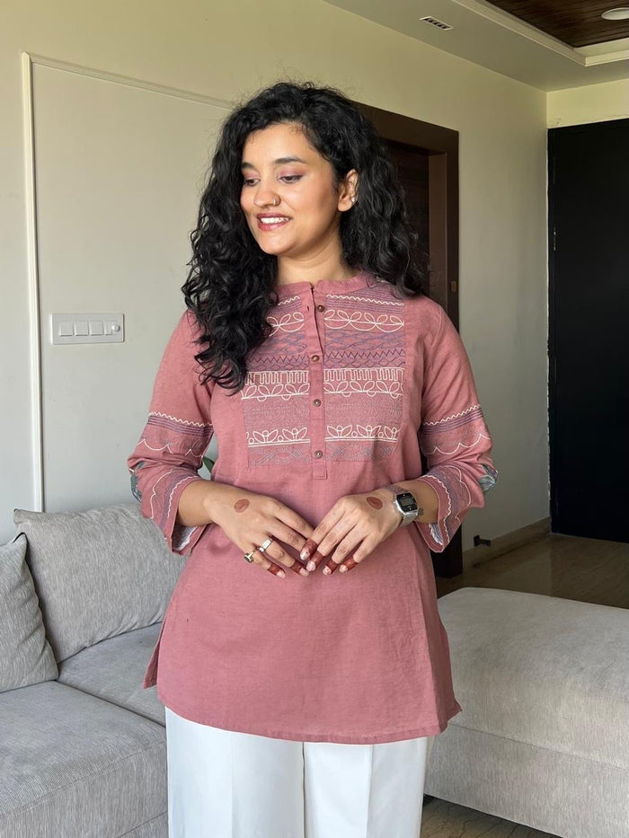 Netra Embroidered Closed Neck Top- Pink