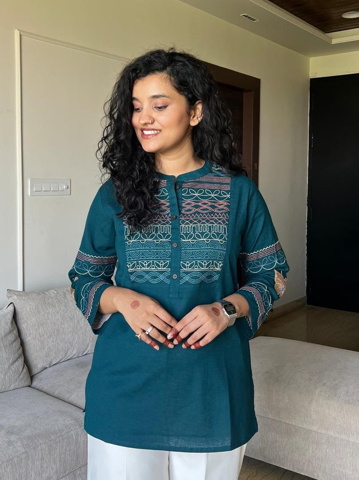 Netra Embroidered Closed Neck Top- Teal