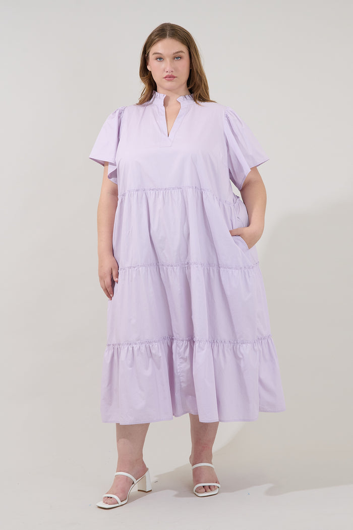Noelle Split Neck Poplin Tiered Midi Dress Curve