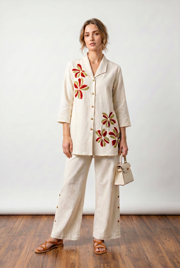 Off-White Floral Shirt & Wide-Leg Pant Embroidery Cotton Flex Co-ord Set