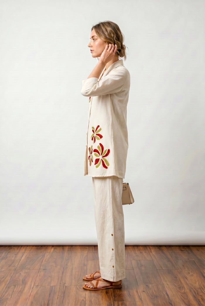 Off-White Floral Shirt & Wide-Leg Pant Embroidery Cotton Flex Co-ord Set