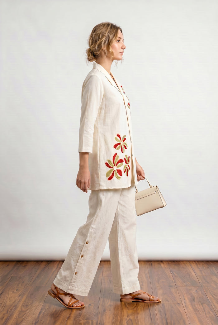 Off-White Floral Shirt & Wide-Leg Pant Embroidery Cotton Flex Co-ord Set