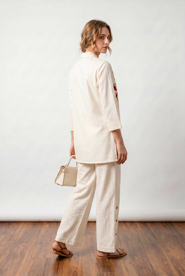 Off-White Floral Shirt & Wide-Leg Pant Embroidery Cotton Flex Co-ord Set