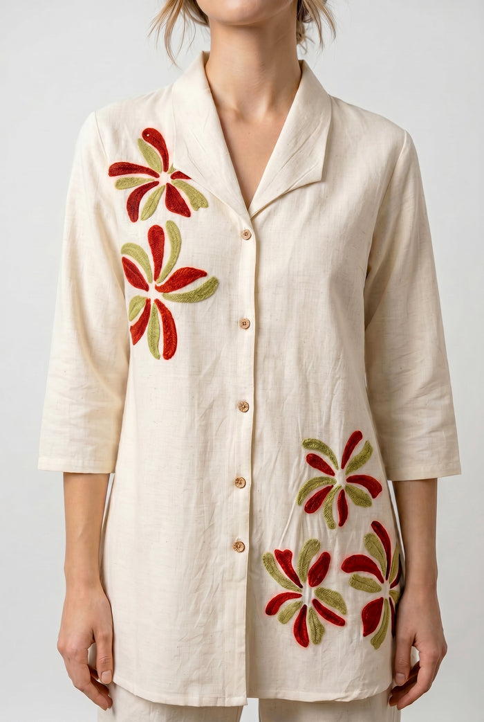 Off-White Floral Shirt & Wide-Leg Pant Embroidery Cotton Flex Co-ord Set