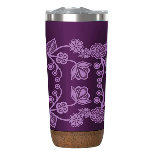 Ojibwe Florals Cork Base Travel Mug featuring a purple design with floral patterns and a stylish cork base.
