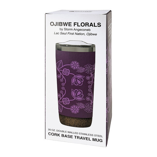 Purple travel mug with floral design in packaging, featuring 'Ojibwe Florals' branding.