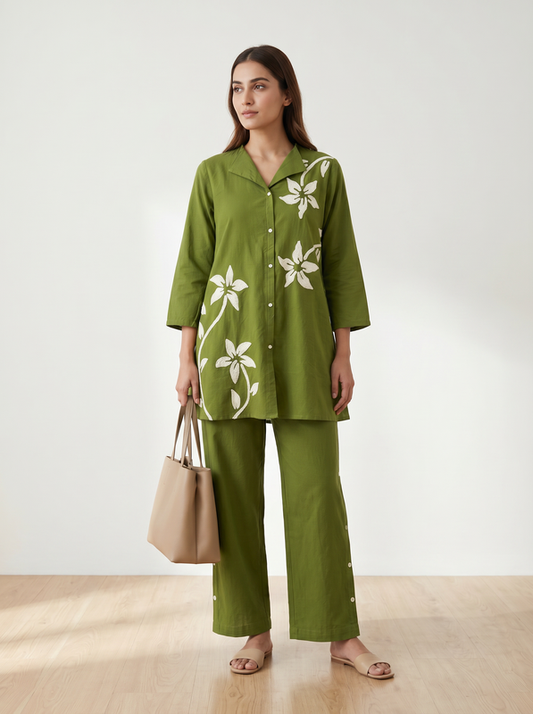 Olive Green Floral Embroidery Shirt & Trouser Cotton Flex Co-ord Set