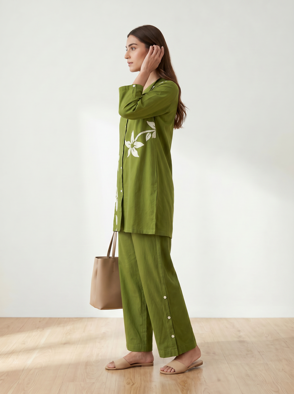 Olive Green Floral Embroidery Shirt & Trouser Cotton Flex Co-ord Set