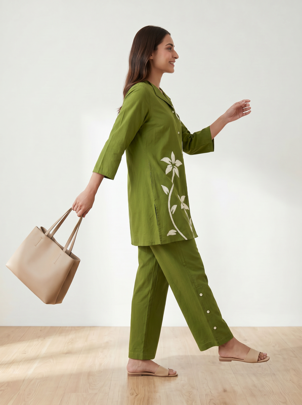 Olive Green Floral Embroidery Shirt & Trouser Cotton Flex Co-ord Set