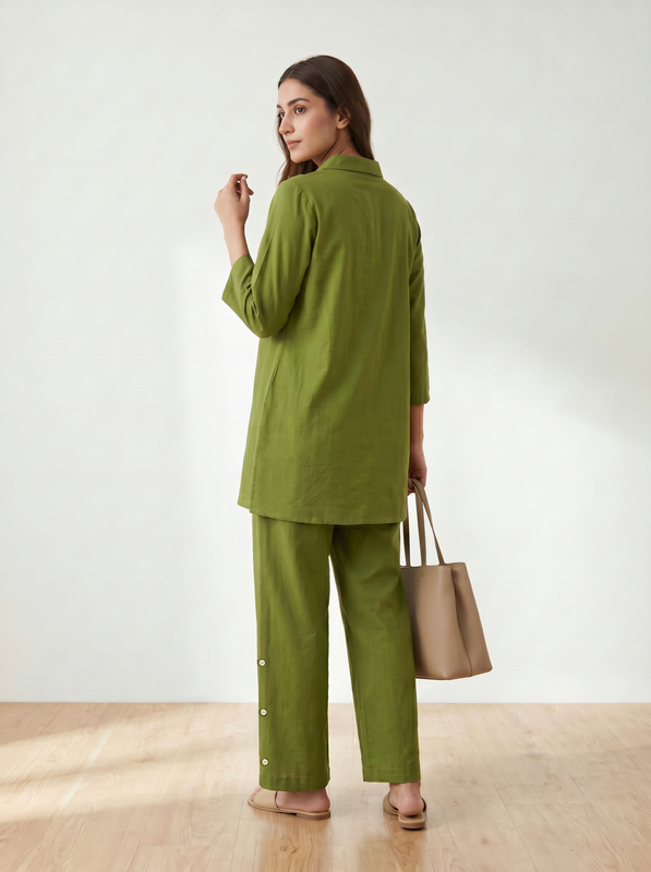 Olive Green Floral Embroidery Shirt & Trouser Cotton Flex Co-ord Set