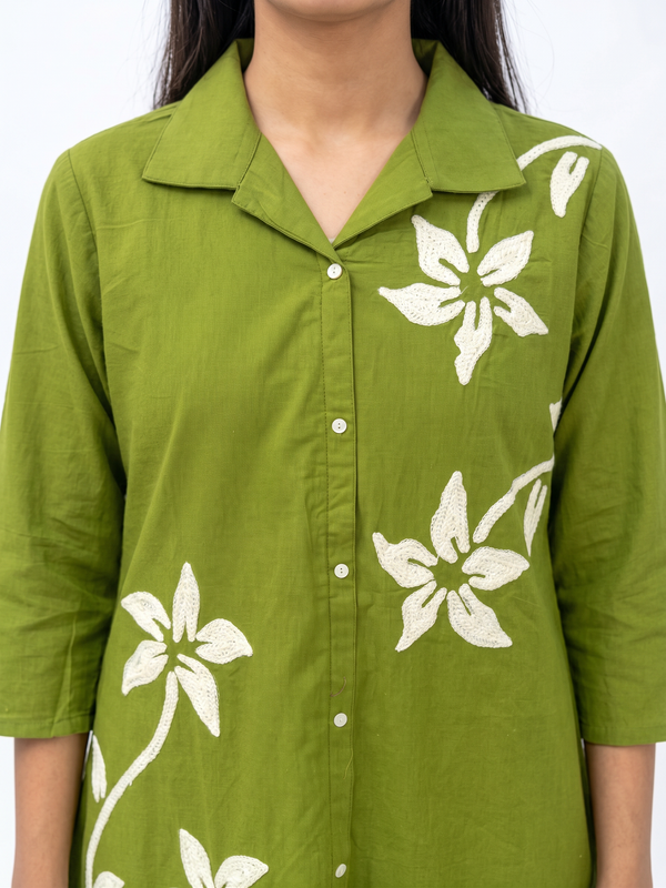 Olive Green Floral Embroidery Shirt & Trouser Cotton Flex Co-ord Set