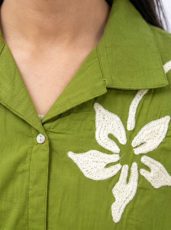 Olive Green Floral Embroidery Shirt & Trouser Cotton Flex Co-ord Set