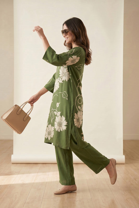 Olive Petal Floral Sketch Printed Tunic & Palazzo Russian Silk Co-Ord Set