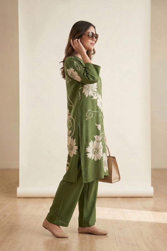Olive Petal Floral Sketch Printed Tunic & Palazzo Russian Silk Co-Ord Set