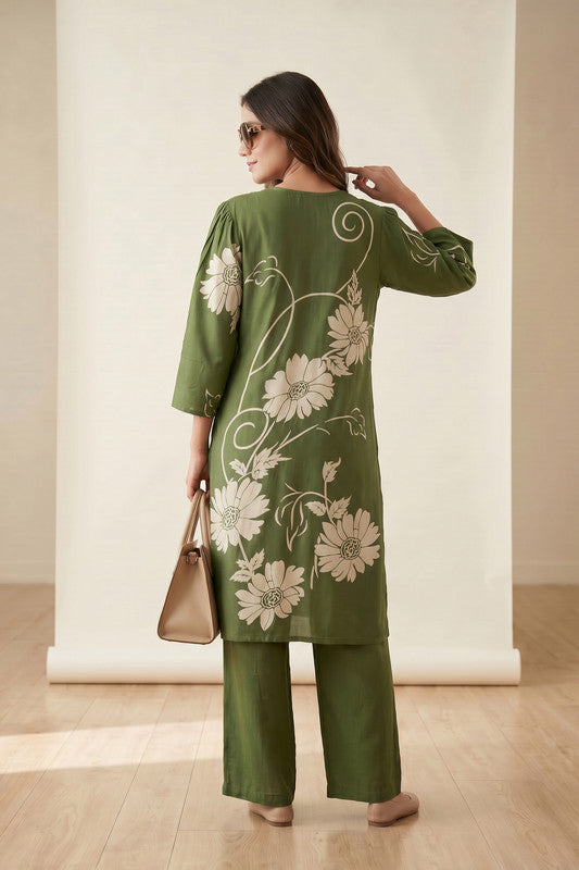 Olive Petal Floral Sketch Printed Tunic & Palazzo Russian Silk Co-Ord Set