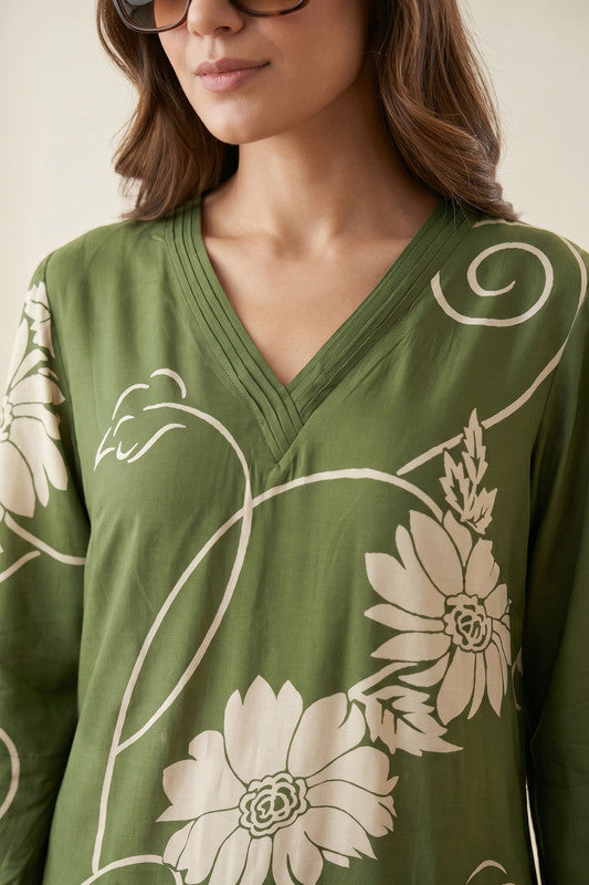 Olive Petal Floral Sketch Printed Tunic & Palazzo Russian Silk Co-Ord Set
