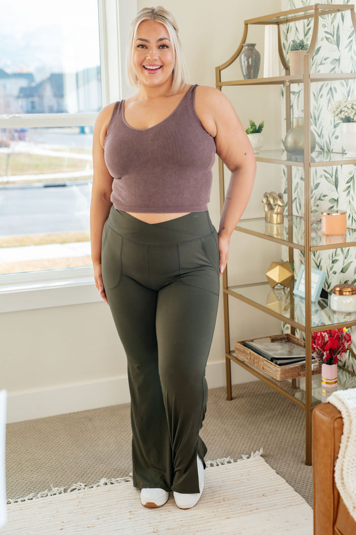 On the Move V Front Flare Leggings in Olive by Rae Mode