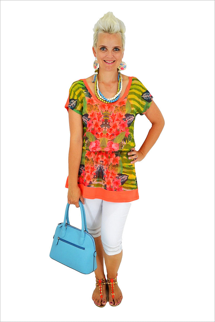 Orange flower patterned tunic by CC, lightweight and flowy, featuring long sleeves and a relaxed fit perfect for casual wear.
