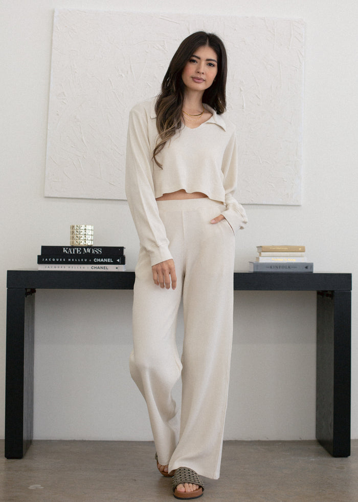 organic thermal wide leg pant in coconut milk