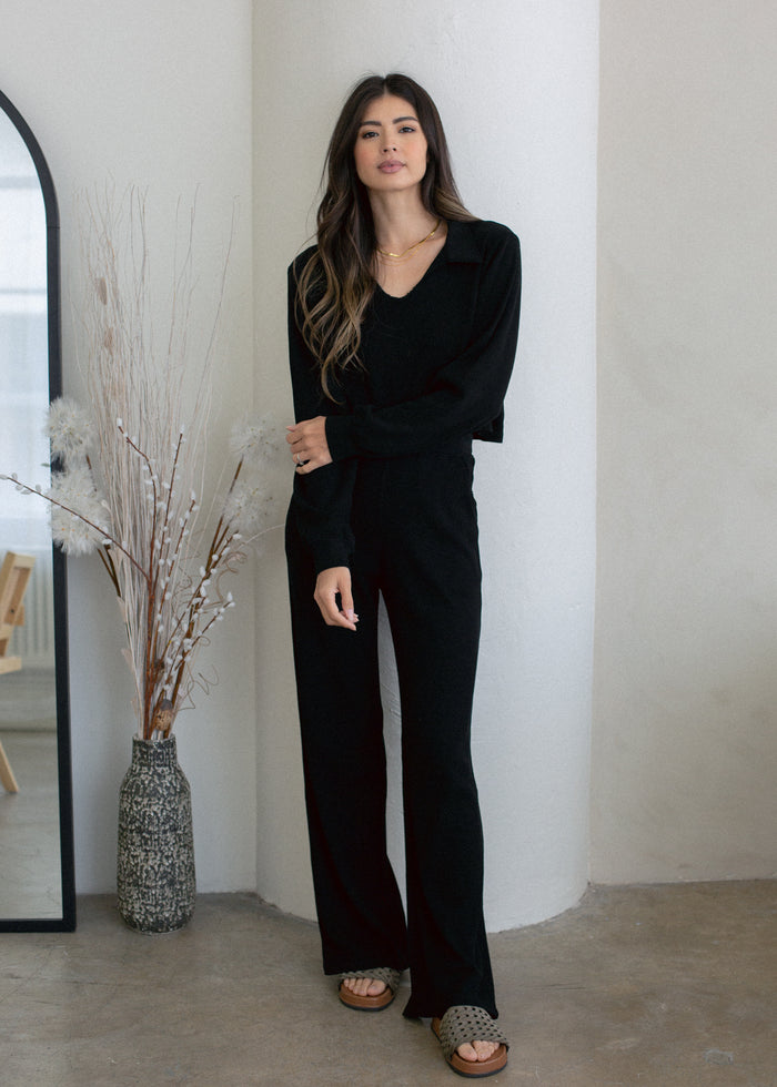 organic thermal wide leg pant in black