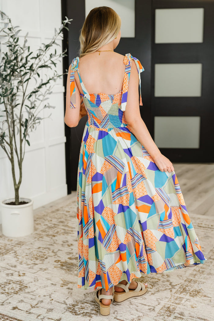Paint Me Pretty Square Neck Dress in Lime, Blue and Tangerine