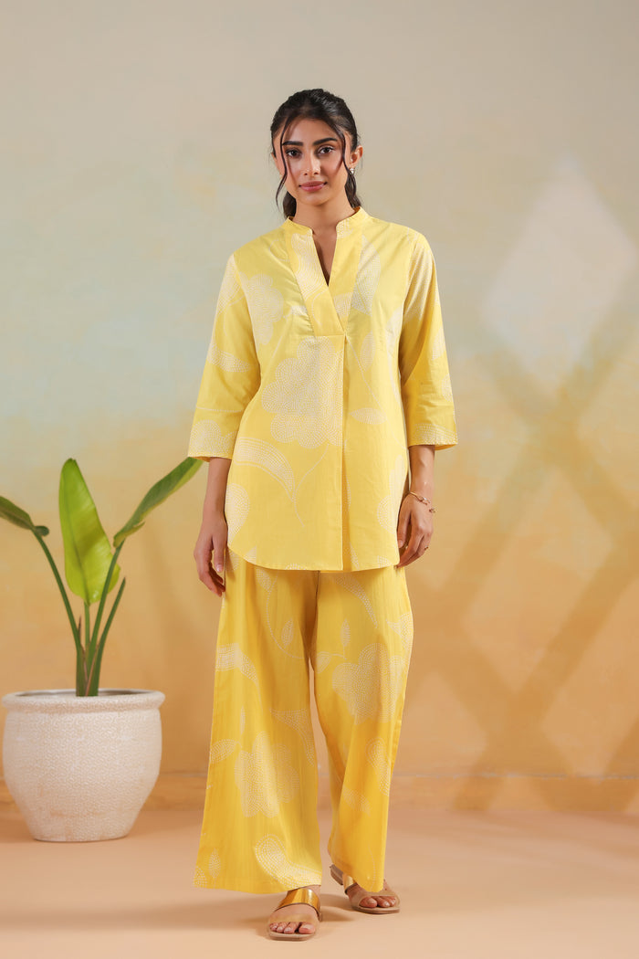 Pastel Yellow Floral Printed Casual Cotton Co-ord Set