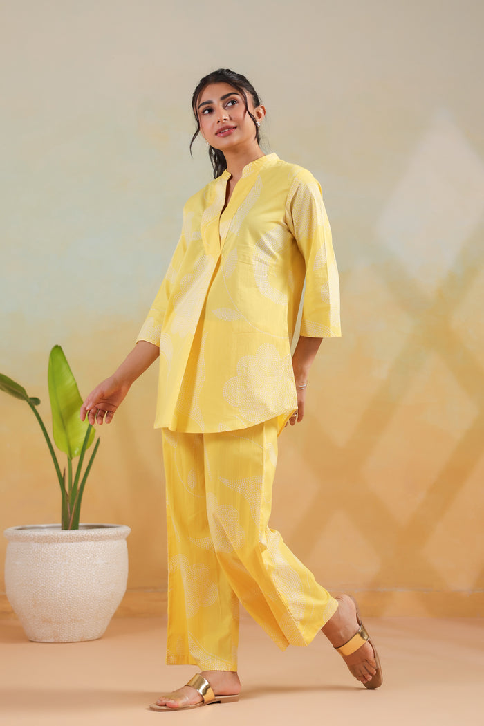 Pastel Yellow Floral Printed Casual Cotton Co-ord Set