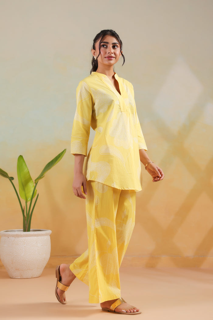 Pastel Yellow Floral Printed Casual Cotton Co-ord Set